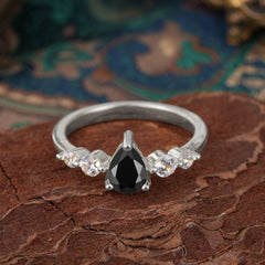 Pear Cut 3 Prong Classic Black Onyx Wedding Ring Promise Side Stone Anniversary Ring