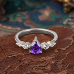 Pear Cut 3 Prong Classic Amethyst Wedding Ring Promise Side Stone Anniversary Ring