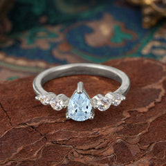 Pear Cut 3 Prong Classic Aquamarine Wedding Ring Promise Side Stone Anniversary Ring