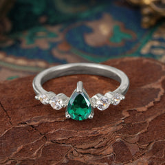 Pear Cut 3 Prong Classic Emerald Wedding Ring Promise Side Stone Anniversary Ring