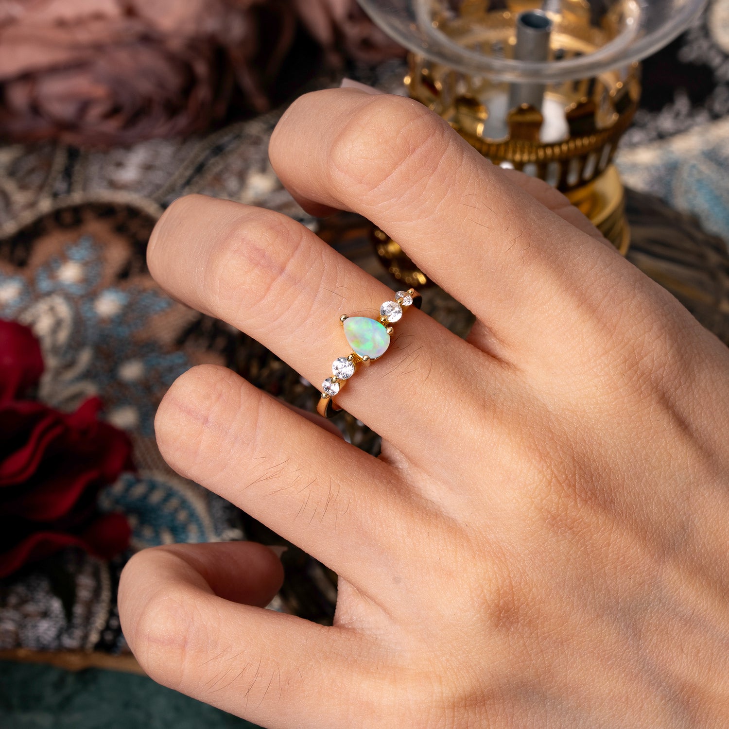Pear Cut 3 Prong Classic Opal Side Stone Engagement Ring