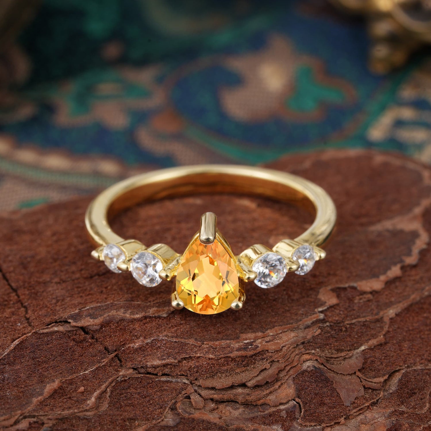 Pear Cut 3 Prong Classic Citrine Side Stone Engagement Ring