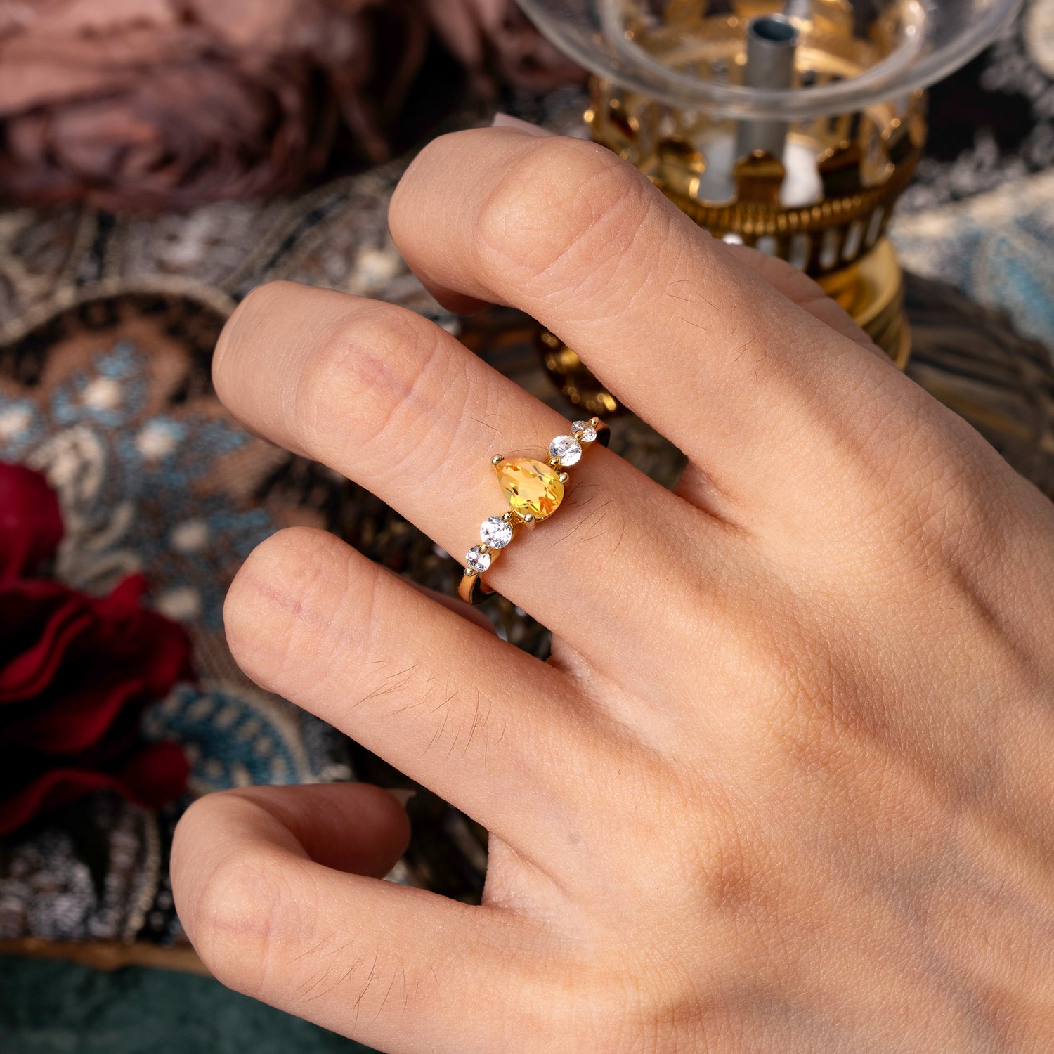 Pear Cut 3 Prong Classic Citrine Side Stone Engagement Ring