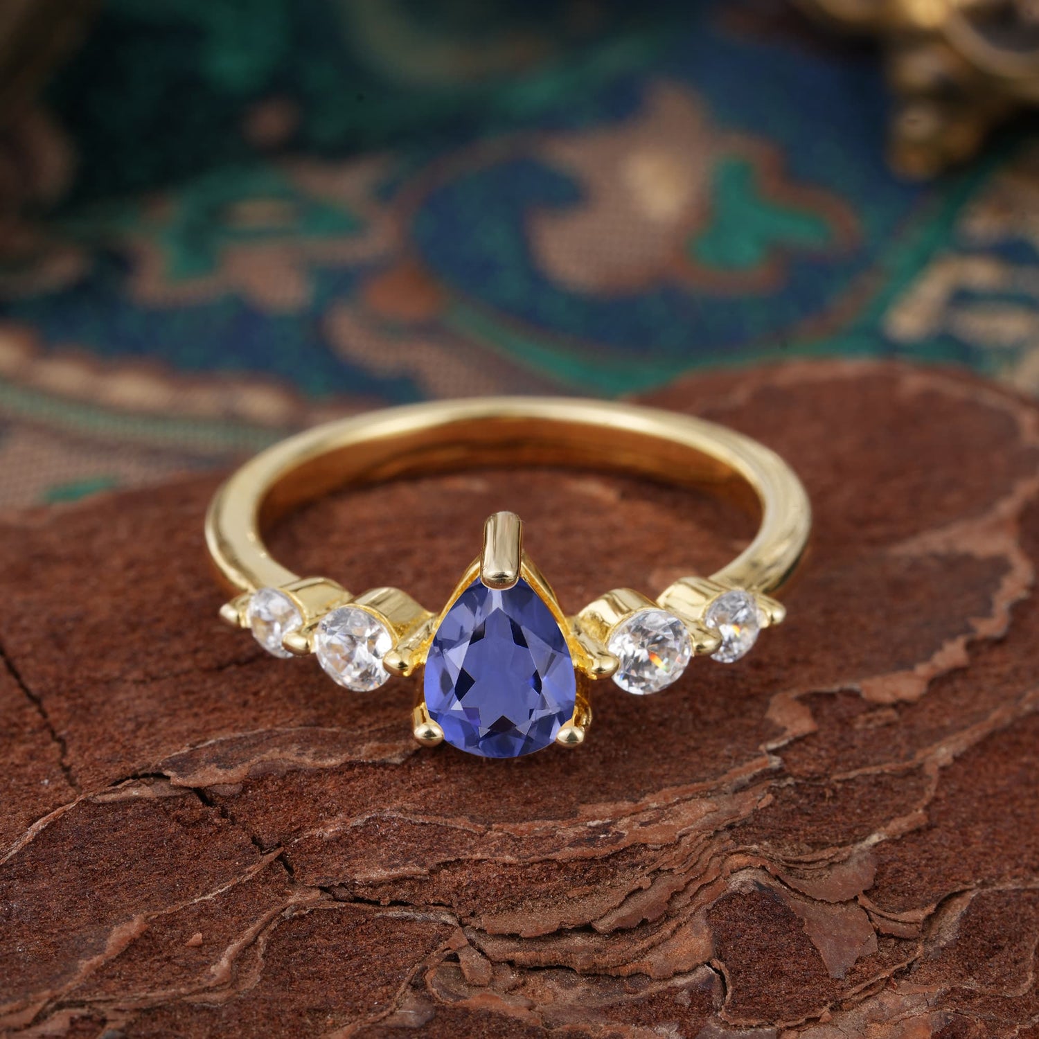 Pear Cut 3 Prong Classic Tanzanite Side Stone Engagement Ring