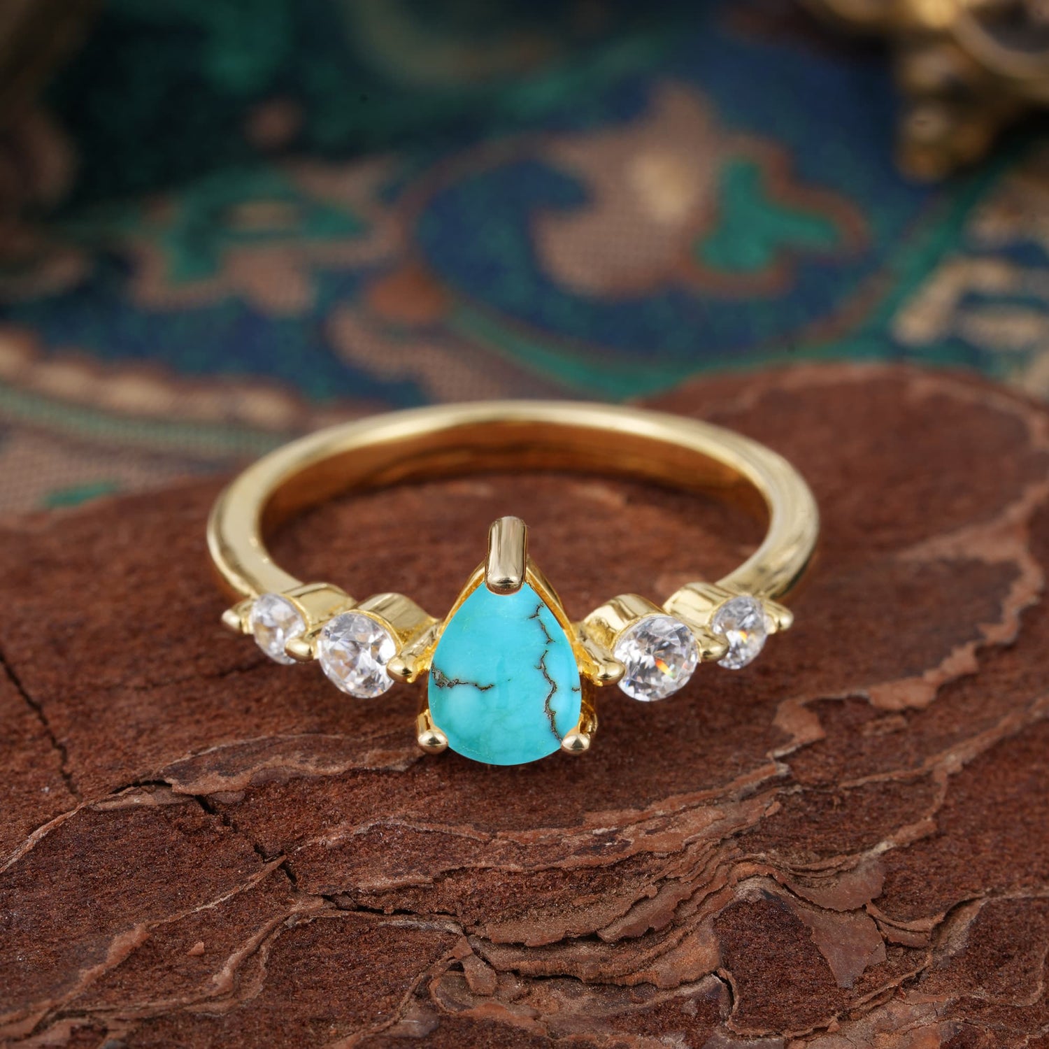Pear Cut Classic Turquoise Side Stone Engagement Ring