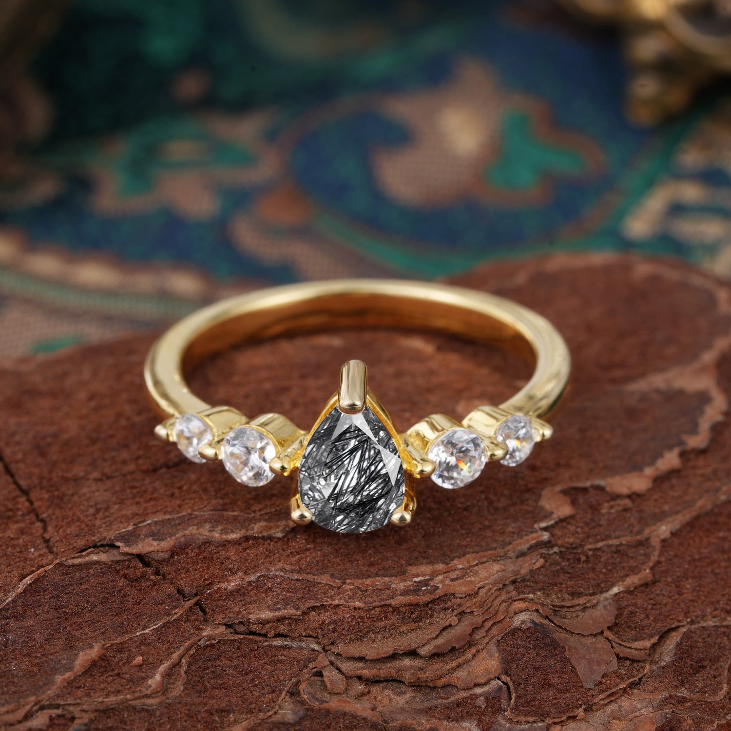Pear Cut 3 Prong Classic Black Rutilated Quartz Side Stone Engagement Ring
