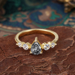 Pear Cut 3 Prong Classic Black Rutilated Quartz Wedding Ring Promise Side Stone Anniversary Ring