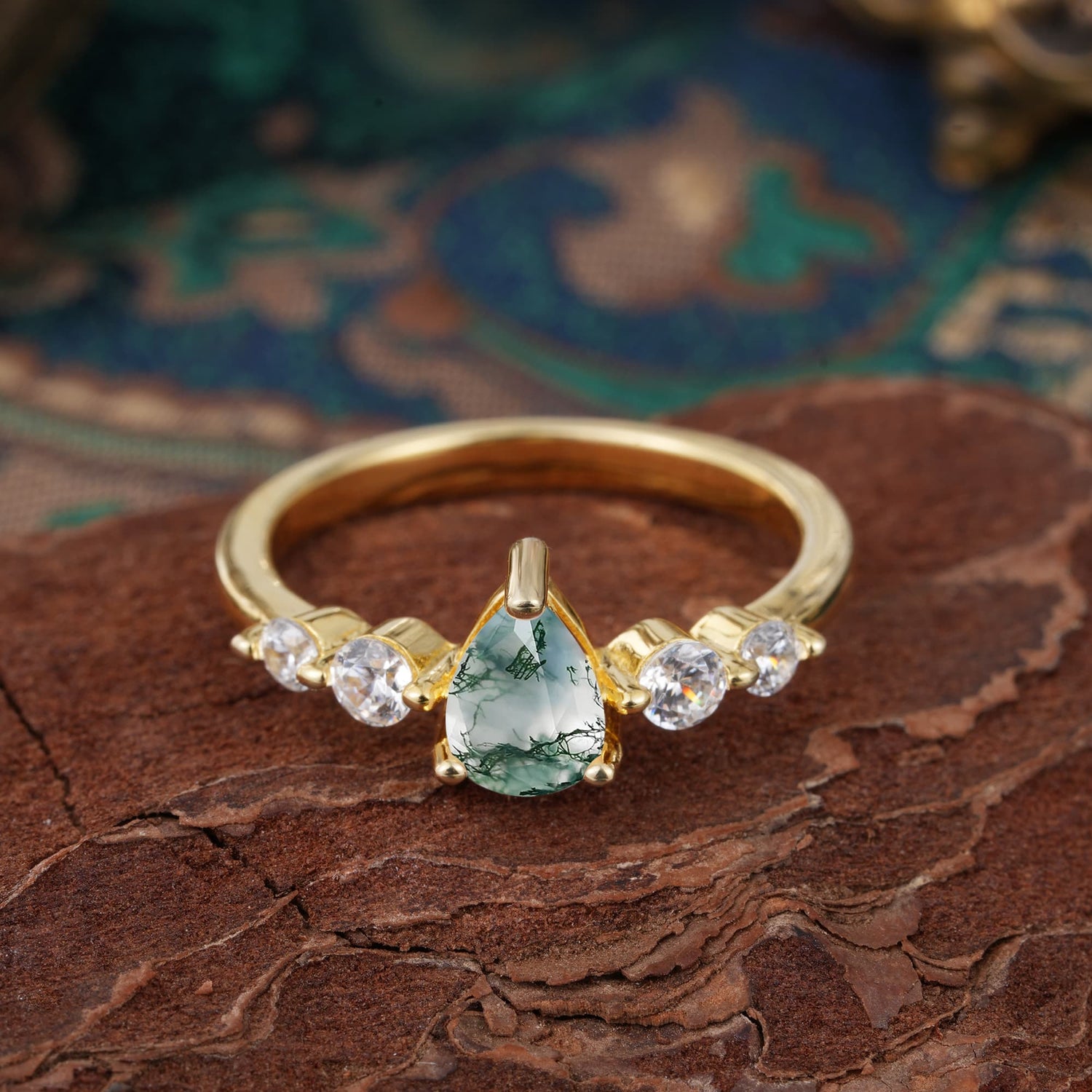 Pear Cut Classic Moss Agate Side Stone Engagement Ring