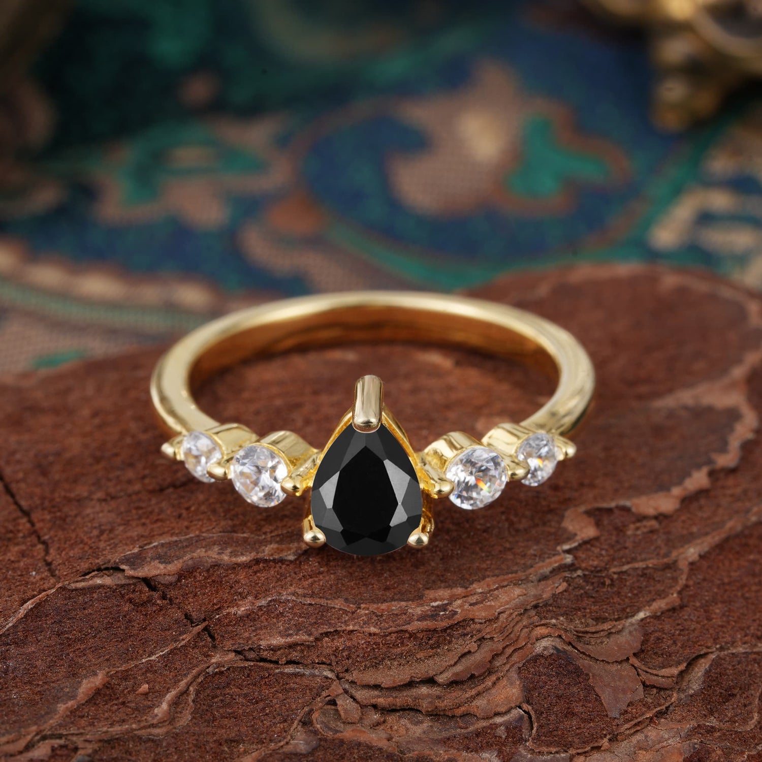 Pear Cut 3 Prong Classic Black Onyx Side Stone Engagement Ring
