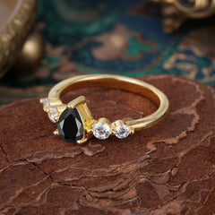 Pear Cut 3 Prong Classic Black Onyx Wedding Ring Promise Side Stone Anniversary Ring