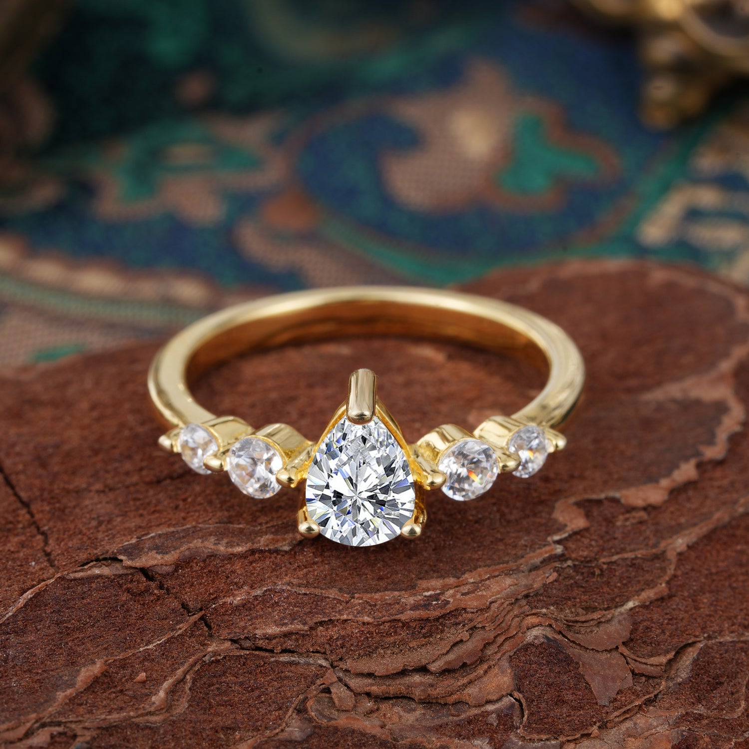 Pear Cut 3 Prong Classic Lab Diamond Side Stone Engagement Ring