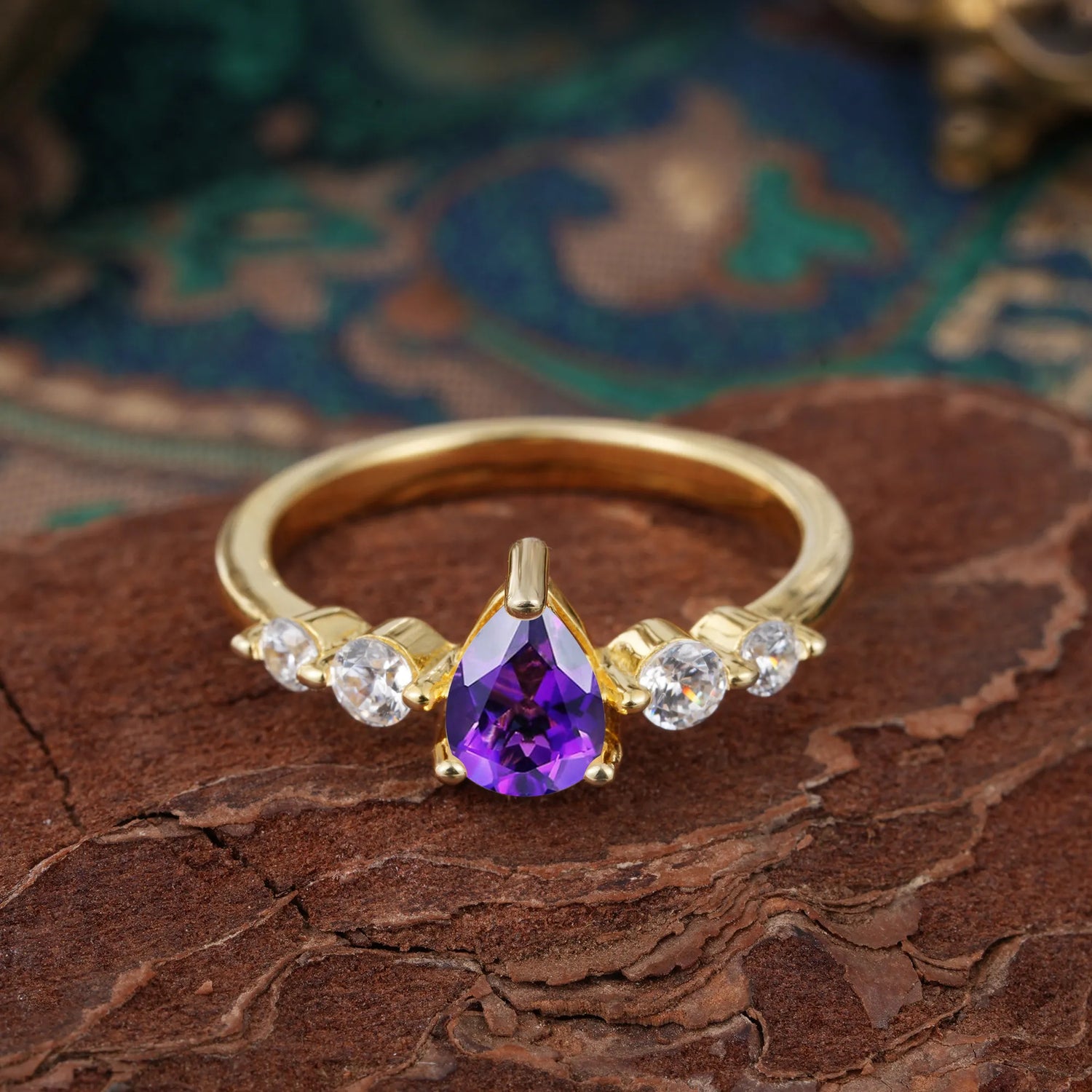 Pear Cut 3 Prong Classic Amethyst Side Stone Engagement Ring