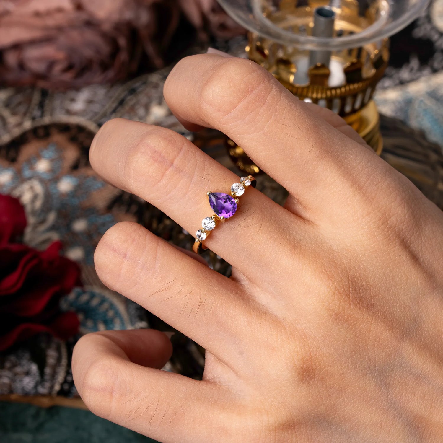 Pear Cut 3 Prong Classic Amethyst Side Stone Engagement Ring