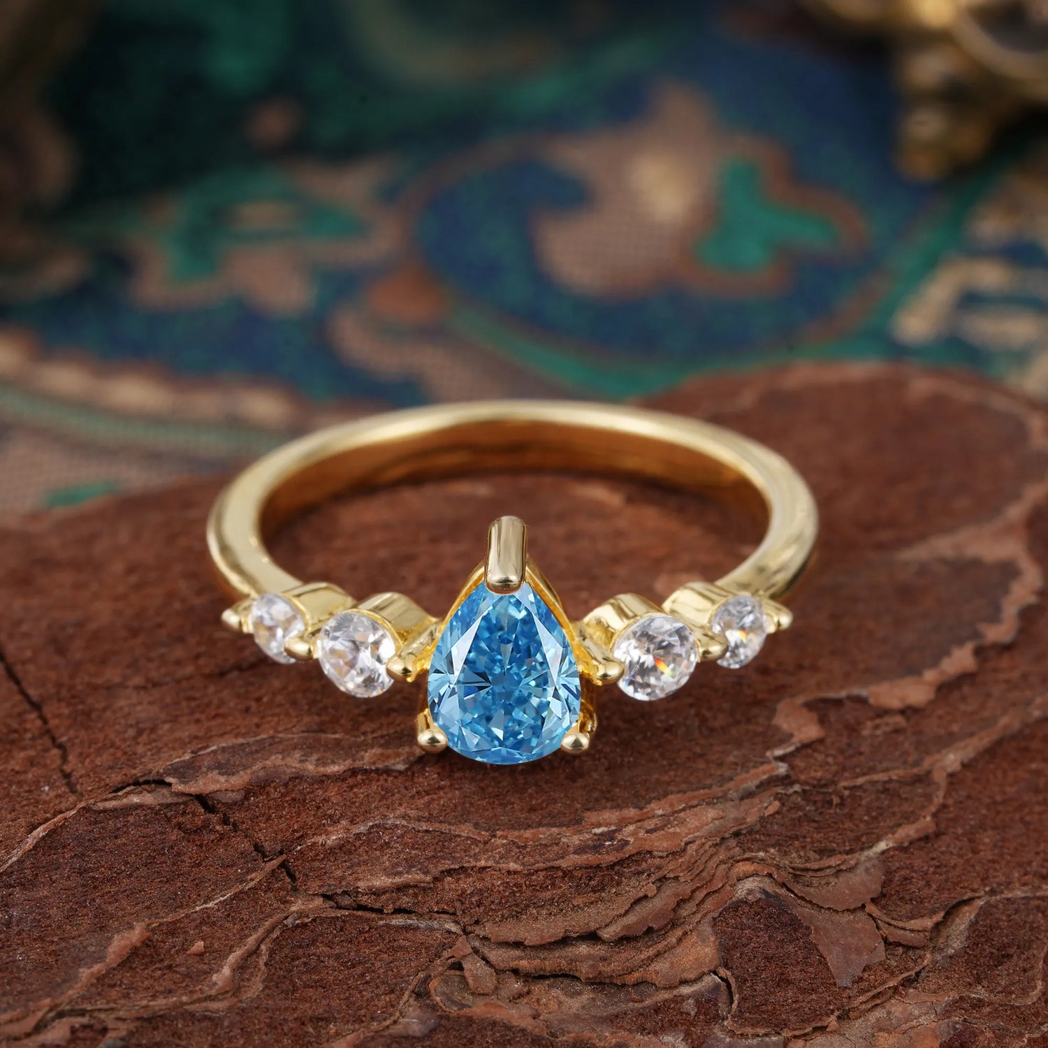 Pear Cut 3 Prong Classic Aquamarine Side Stone Engagement Ring