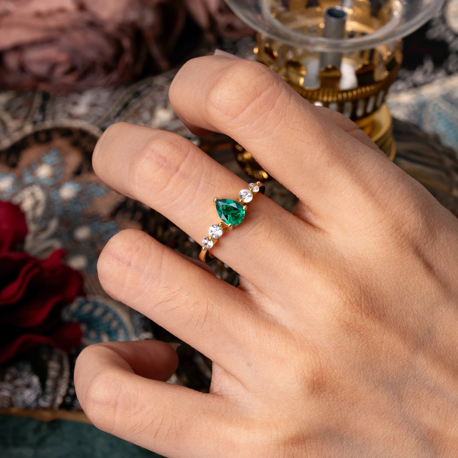 Pear Cut 3 Prong Classic Emerald Side Stone Engagement Ring