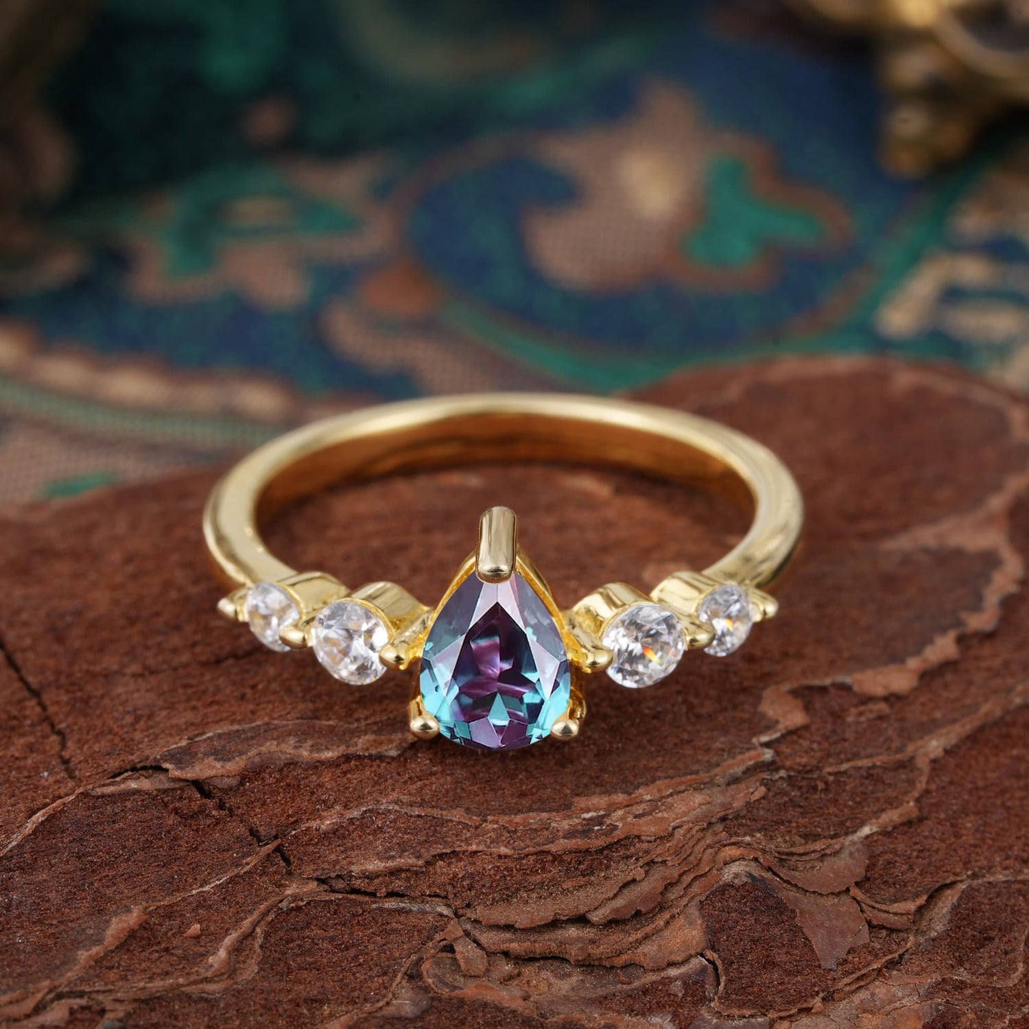 Pear Cut 3 Prong Classic Alexandrite Side Stone Engagement Ring