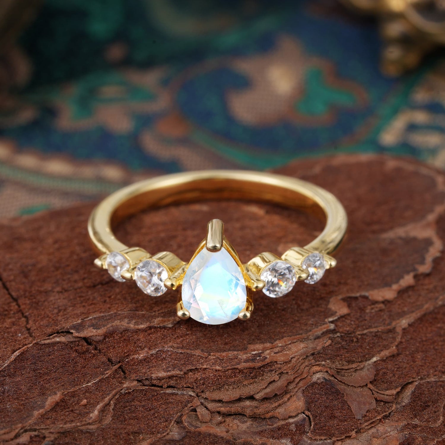 Pear Cut 3 Prong Classic Moonstone Side Stone Engagement Ring