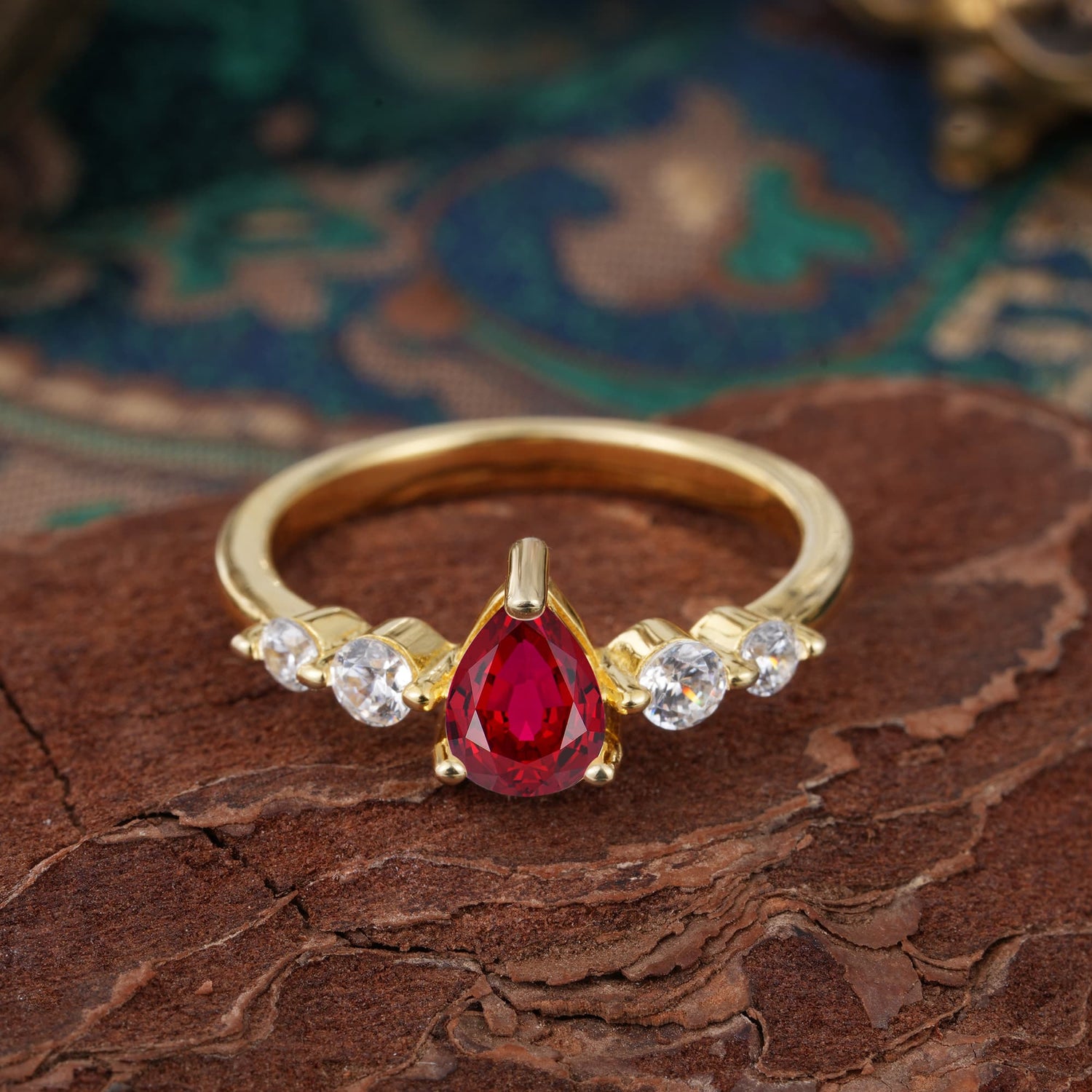 Pear Cut 3 Prong Classic Ruby Side Stone Engagement Ring