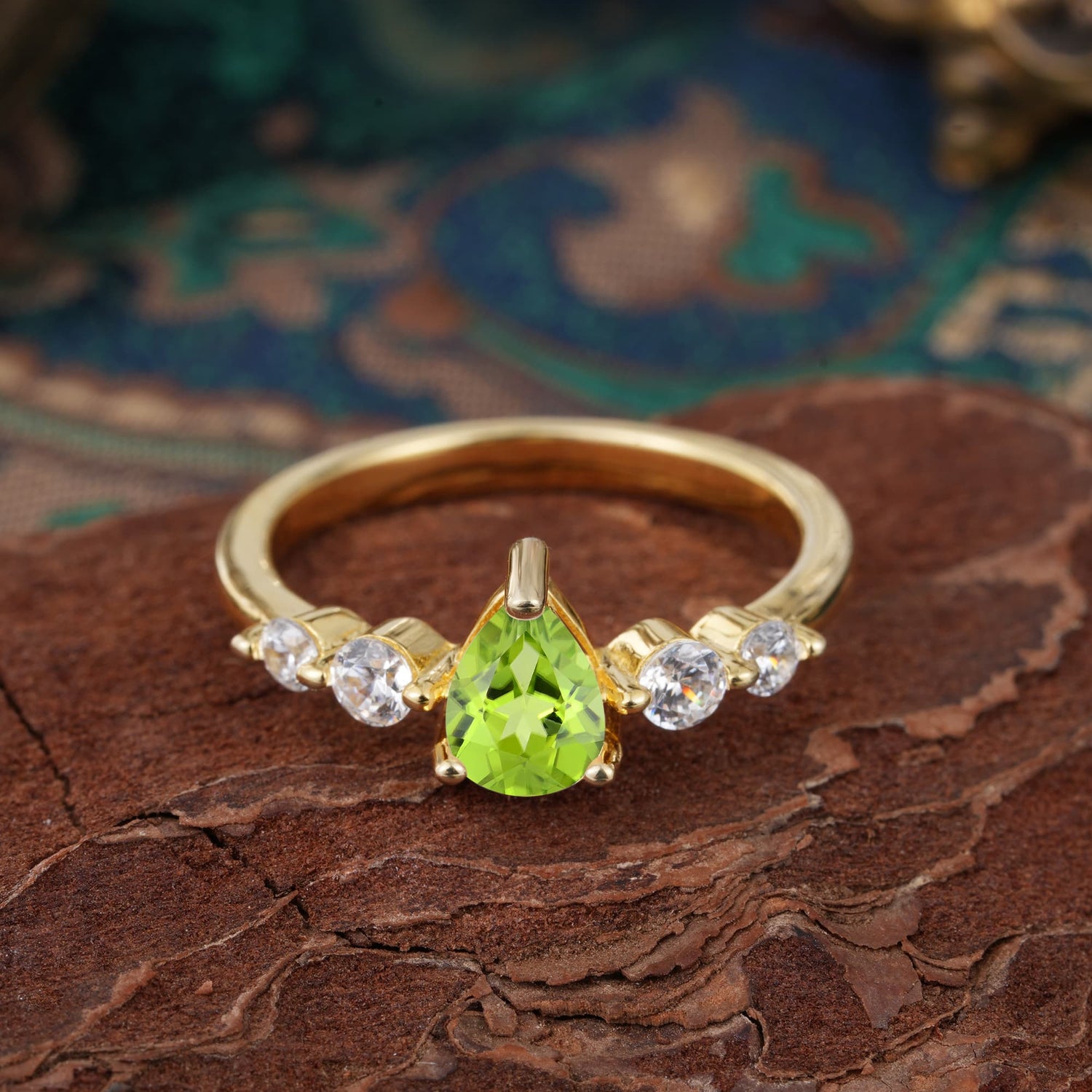 Pear Cut 3 Prong Classic Peridot Side Stone Engagement Ring