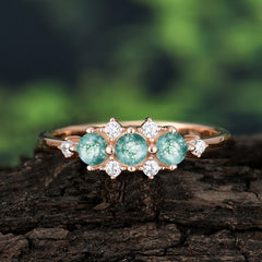3-Stone Round Moss Agate Ring C Past Present & Future Promise Ring