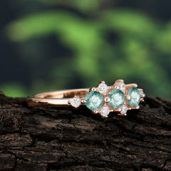 3-Stone Round Moss Agate Ring C Past Present & Future Promise Ring
