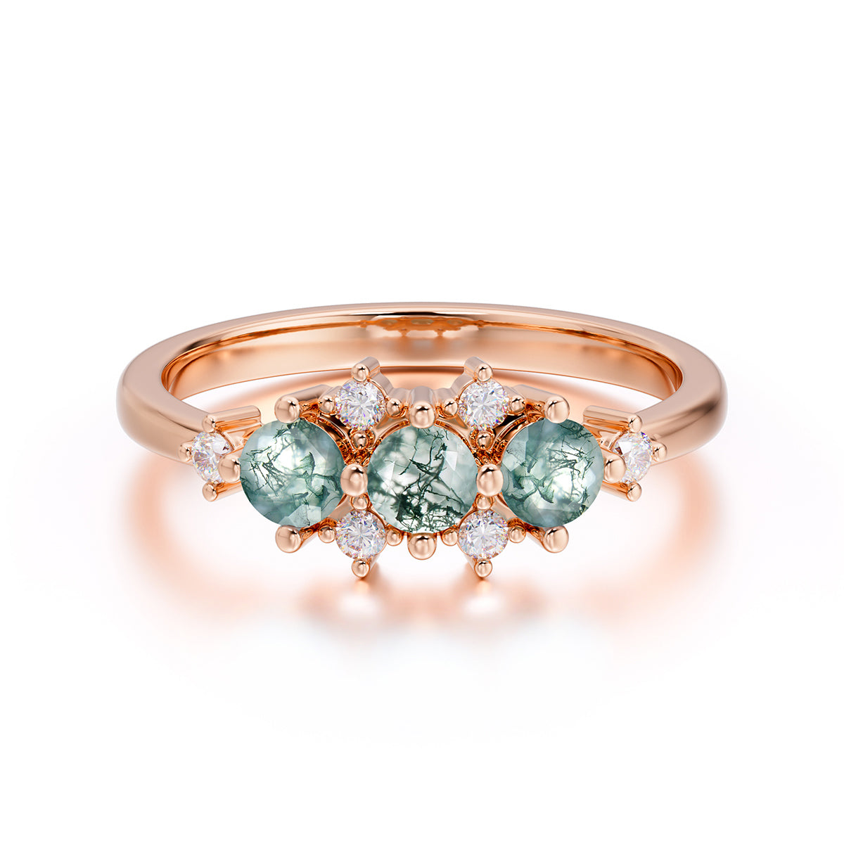 3-Stone Round Moss Agate Ring C Past Present & Future Promise Ring