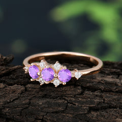 3-Stone Round Amethyst Ring C Past Present & Future Promise Ring