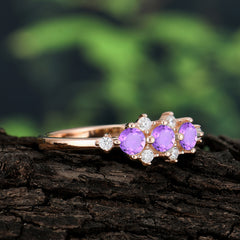 3-Stone Round Amethyst Ring C Past Present & Future Promise Ring