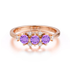 3-Stone Round Amethyst Ring C Past Present & Future Promise Ring