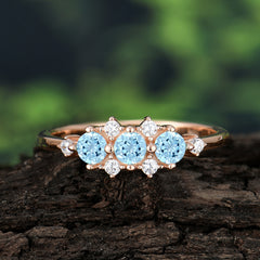 3-Stone Round Aquamarine Ring C Past Present & Future Promise Ring