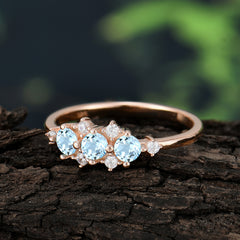 3-Stone Round Aquamarine Ring C Past Present & Future Promise Ring