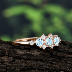 3-Stone Round Aquamarine Ring C Past Present & Future Promise Ring