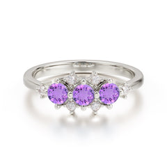 3-Stone Round Amethyst Ring C Past Present & Future Promise Ring