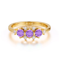 3-Stone Round Amethyst Ring C Past Present & Future Promise Ring