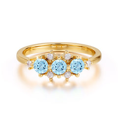 3-Stone Round Aquamarine Ring C Past Present & Future Promise Ring