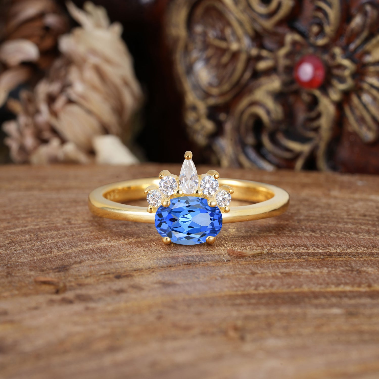 Unique 4 Prong Oval Cut Lab Grown Sapphire Puppy Paw Engagement Ring