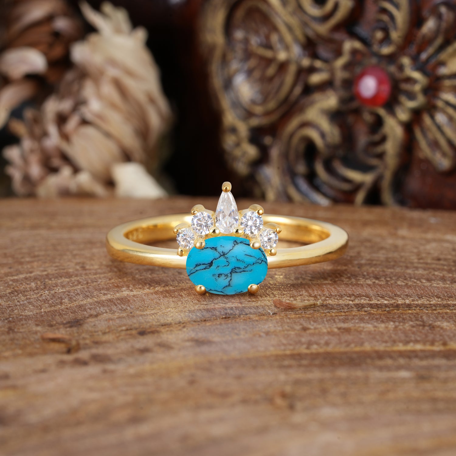 Unique 4 Prong Oval Cut Turquoise Puppy Paw Engagement Ring