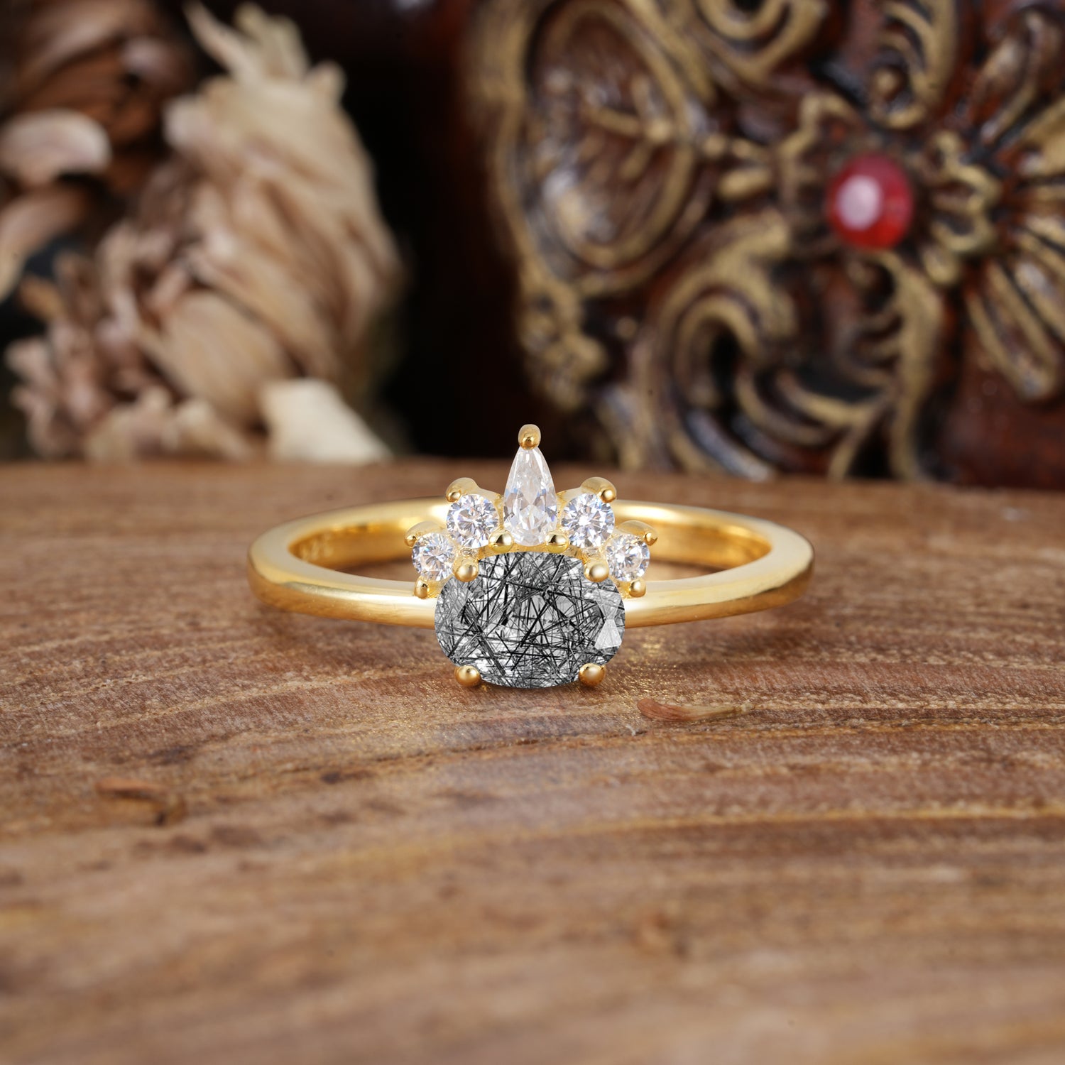 Unique 4 Prong Oval Cut Black Rutilated Quartz Puppy Paw Engagement Ring