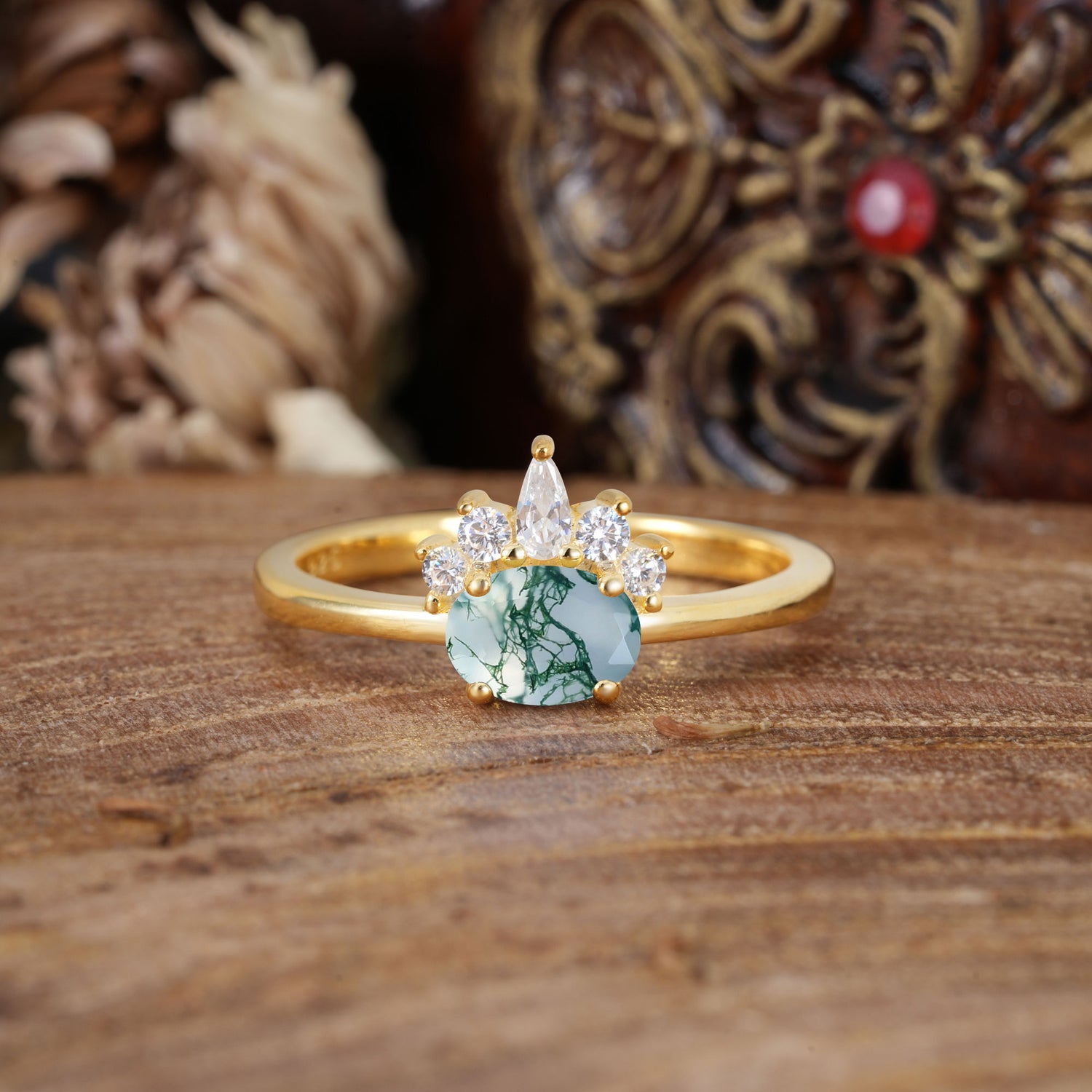 Unique 4 Prong Oval Cut Moss Agate Puppy Paw Engagement Ring