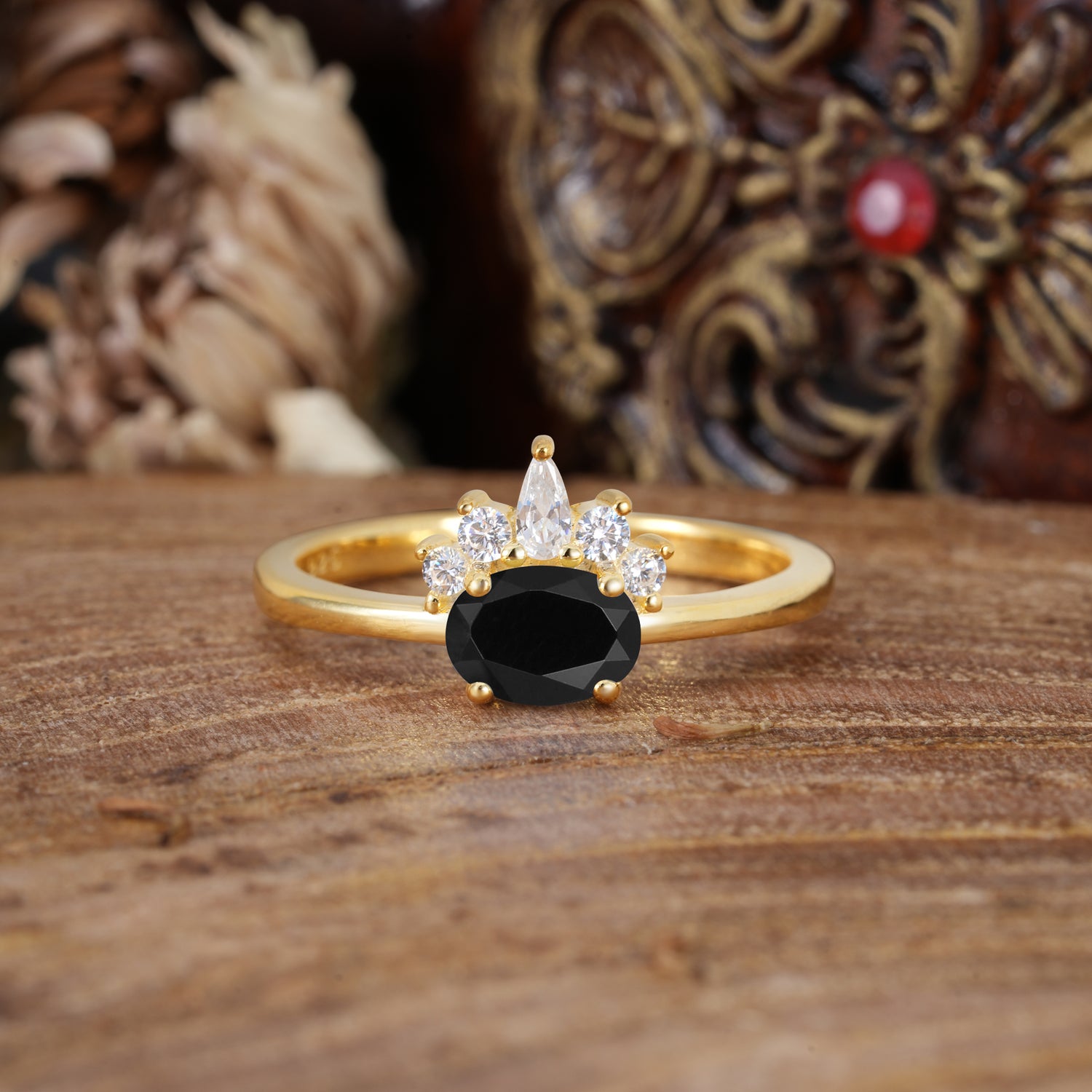 Unique 4 Prong Oval Cut Black Onyx Puppy Paw Engagement Ring