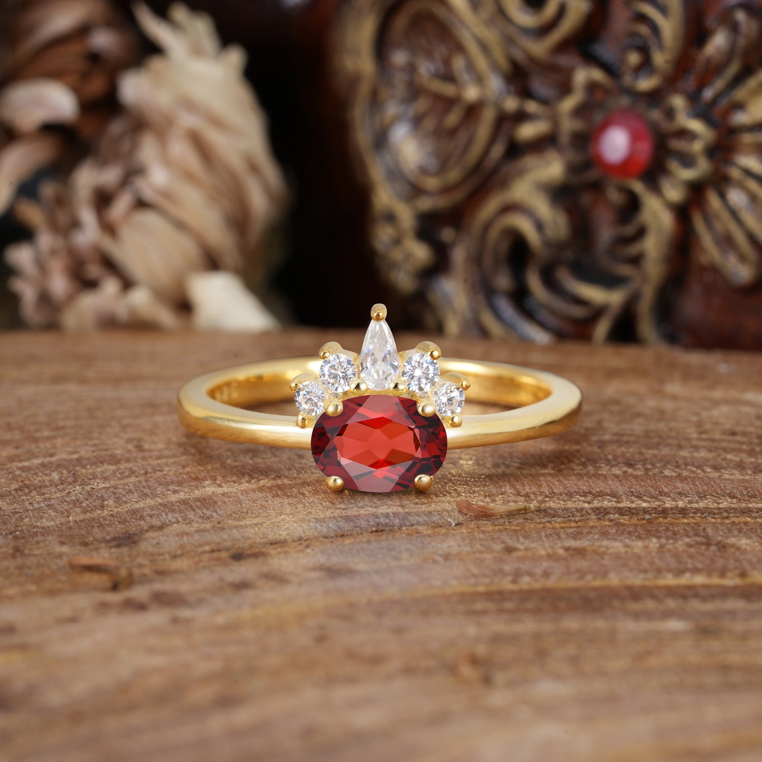 Unique 4 Prong Oval Cut Garnet Puppy Paw Engagement Ring