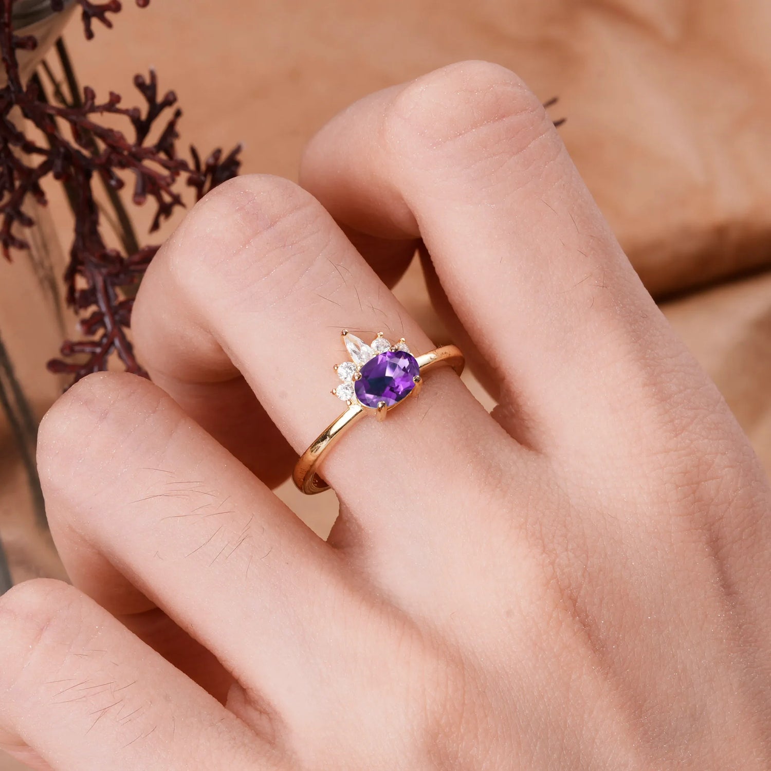 Unique 4 Prong Oval Cut Amethyst Puppy Paw Engagement Ring