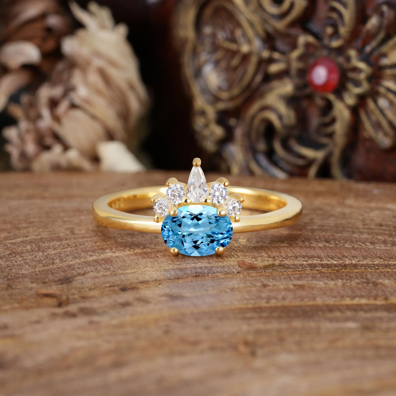 Unique 4 Prong Oval Cut Aquamarine Puppy Paw Engagement Ring