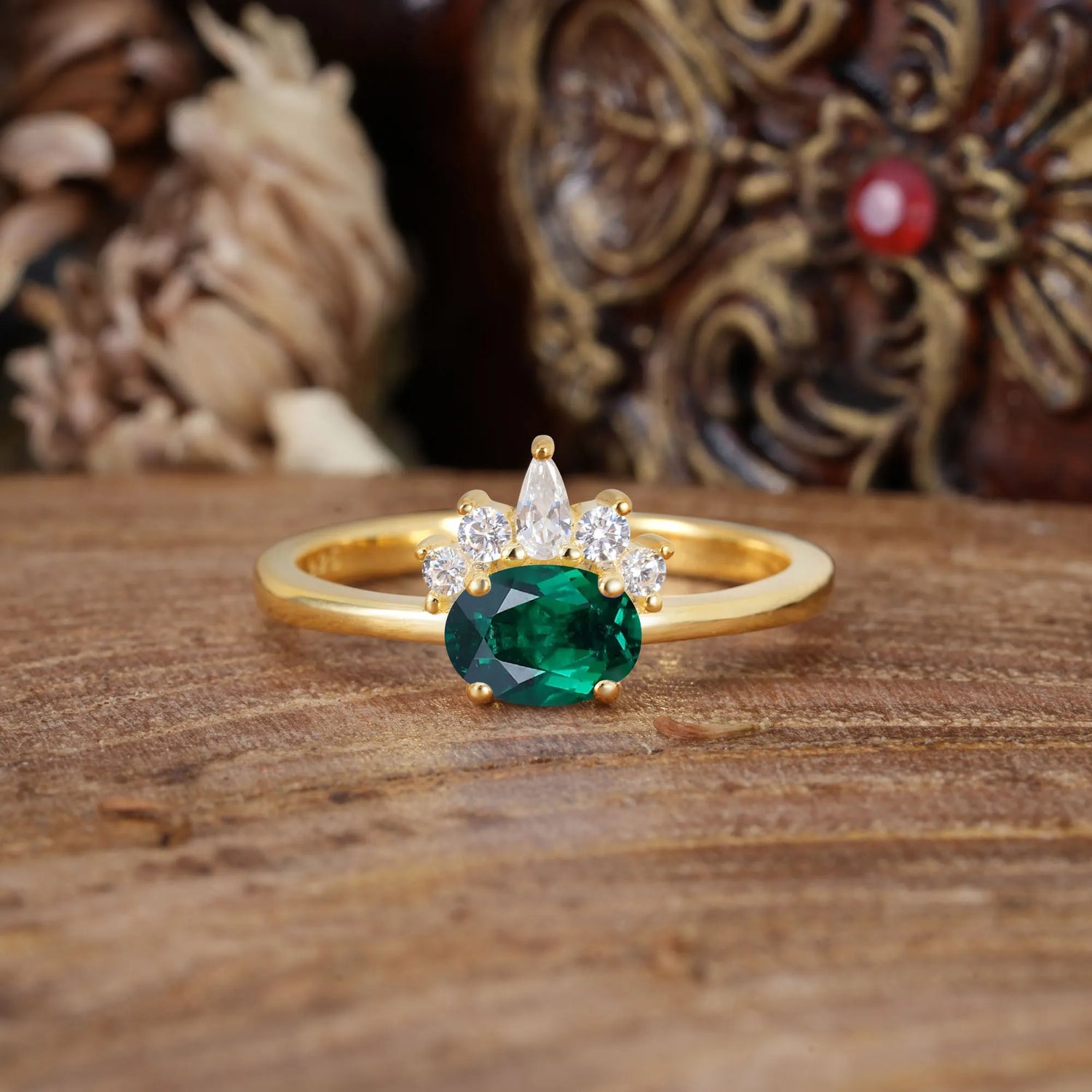 Unique 4 Prong Oval Cut Emerald Puppy Paw Engagement Ring