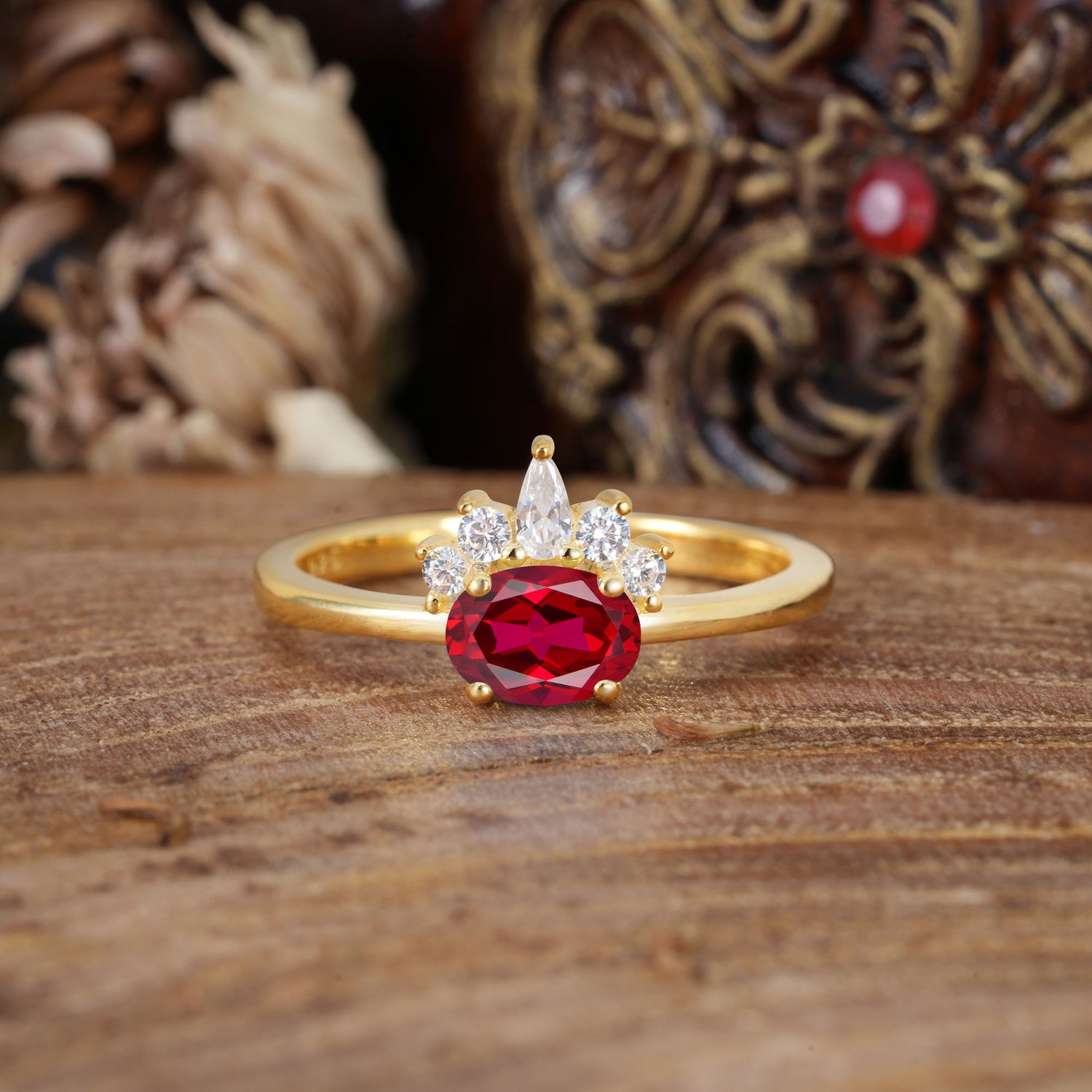 Unique 4 Prong Oval Cut Ruby Puppy Paw Engagement Ring
