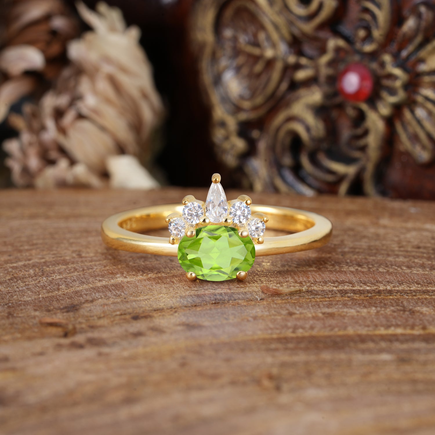 Unique 4 Prong Oval Cut Peridot Puppy Paw Engagement Ring