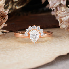 Unique Pear Cut Halo Moissanite Engagement Ring Bezel Cluster Ring