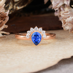 Unique Pear Cut Halo Sapphire Engagement Ring Bezel Cluster Ring