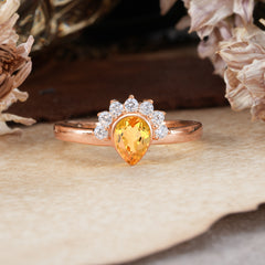 Unique Pear Cut Halo Citrine Engagement Ring Bezel Cluster Ring