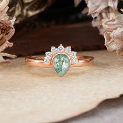 Unique Pear Cut Halo Moss Agate Engagement Ring Bezel Cluster Ring